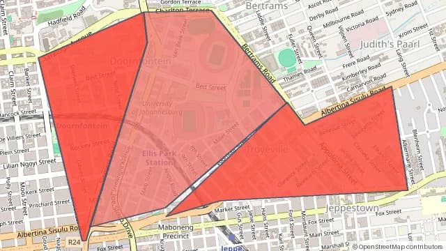 Map of areas affected by the power outage around Doornfontein