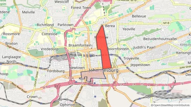 Map of areas affected by the power outage around Hillbrow