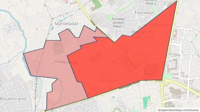 Map of areas affected by the water outage around Maroeladal